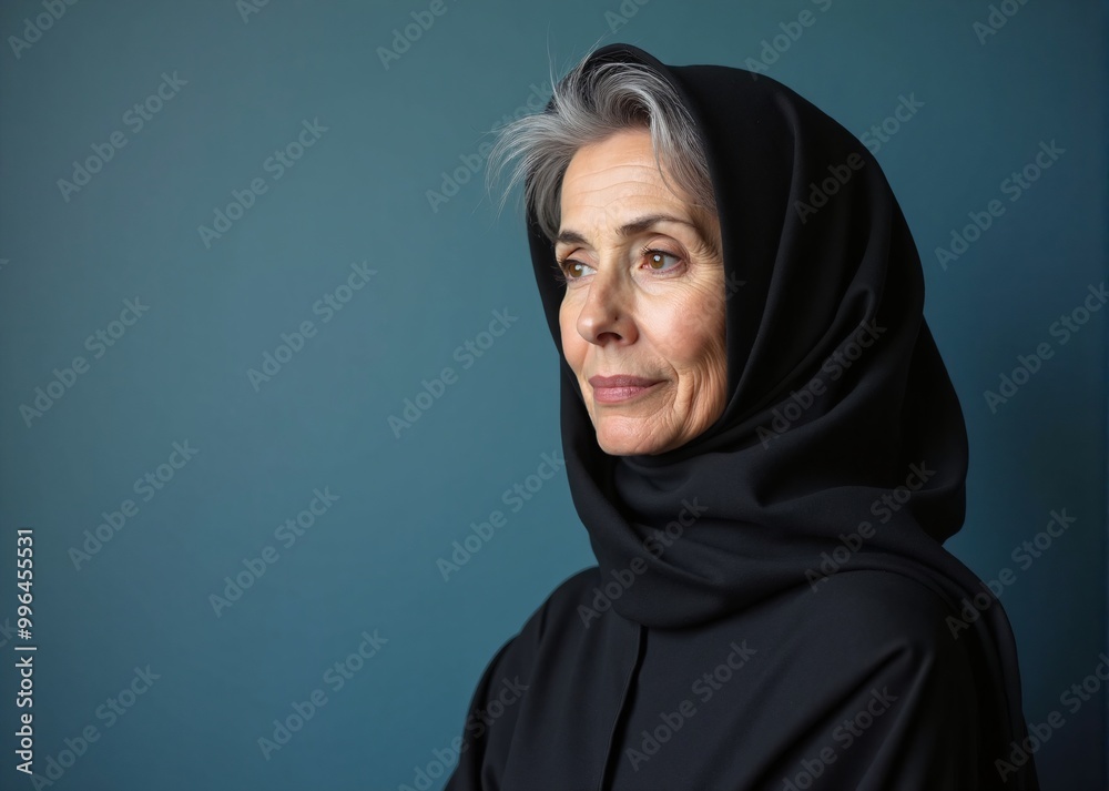 Mature woman with contemplative expression wearing hijab against teal background with copy space Mature woman with contemplative expression wearing hijab against teal background with copy space