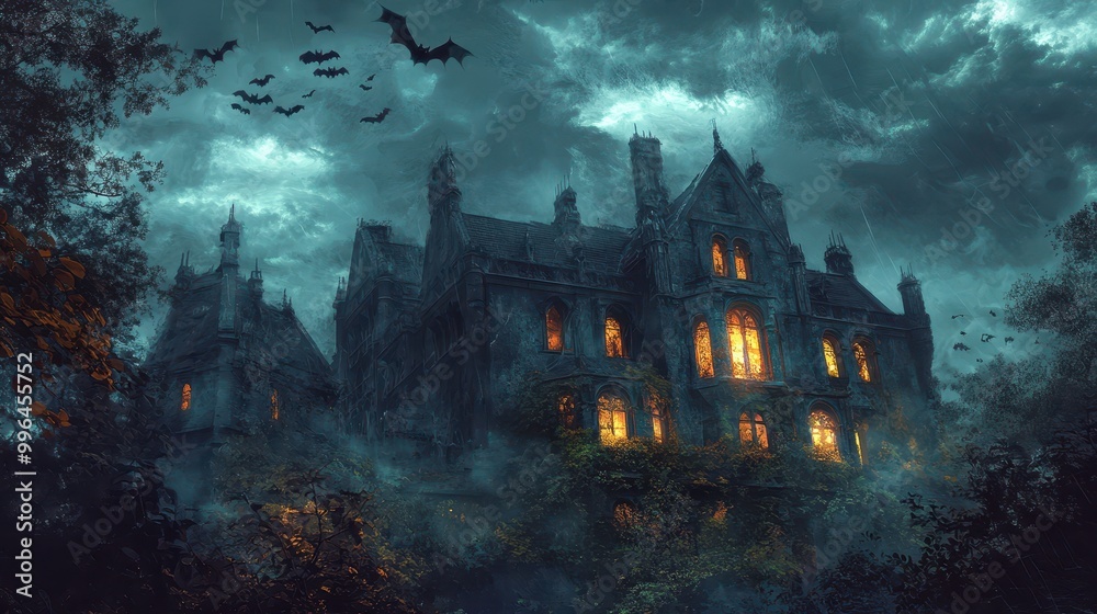 Spooky Haunted Mansion at Night with Glowing Windows, Overgrown Vines, and Bats Flying in Stormy Sky