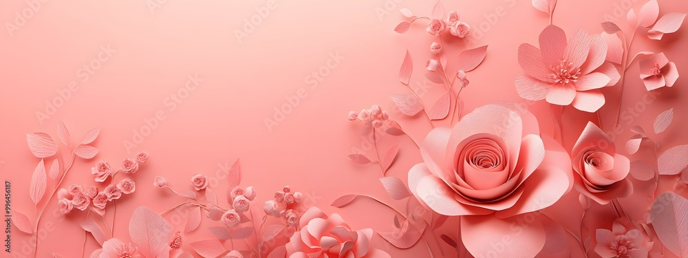 3D paper cut style, pink background with lots of pastel-colored flowers on the side, empty space for text 3D paper cut style, pink background with lots of pastel-colored flowers on the side, empty space for text