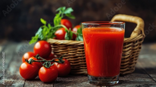 Wallpaper Mural Freshly squeezed tomato juice in a glass alongside a basket brimming with juicy tomatoes on a wooden table. Torontodigital.ca