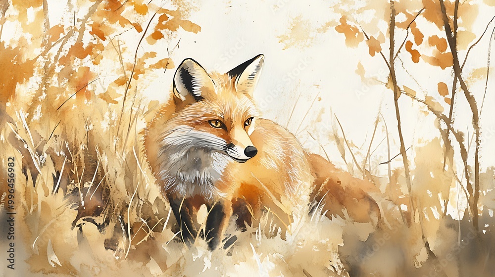 Obraz premium Watercolor Painting of a Fox in Autumn Foliage.