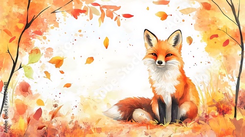 Red Fox Sitting in a Watercolor Autumn Forest.