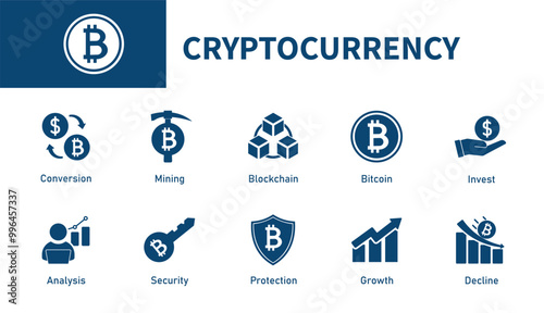Cryptocurrency icon. Set of solid vector icons on cryptocurrency, digital technology, security, financial business, mining, bitcoin.