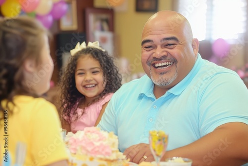 family celebrating birthday with cake at a kitchen table, sharing a meal and laughing, parents with their children sitting together