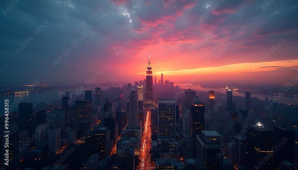 Fototapeta premium A time-lapse of a modern city at dawn, with the skyline silhouetted against the gradually brightening sky as the day begins to emerge 