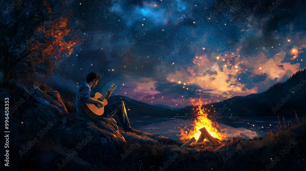 Man Playing Guitar by Campfire, Digital Painting Man Playing Guitar by Campfire, Digital Painting