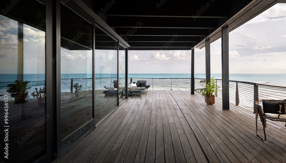 Terrace with panoramic windows overlooking the sea. Black balcony room with access to the beach. Studio mockup in modern interior design. living room with window Terrace with panoramic windows overlooking the sea. Black balcony room with access to the beach. Studio mockup in modern interior design. living room with window