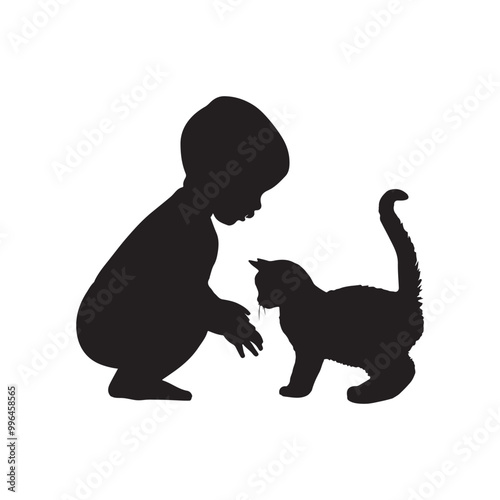 baby playing with cute cat silhouette on white background
