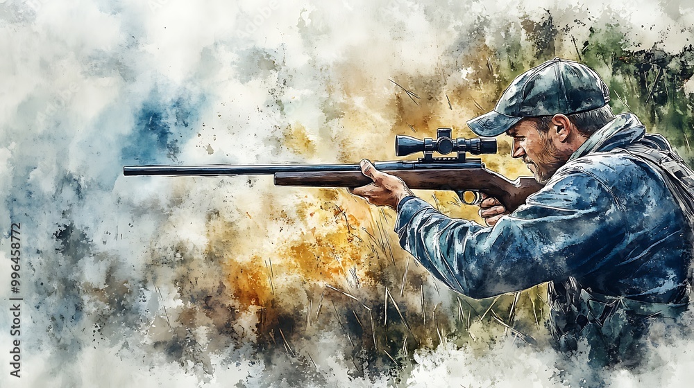 Fototapeta premium Hunter aiming rifle in watercolor style.