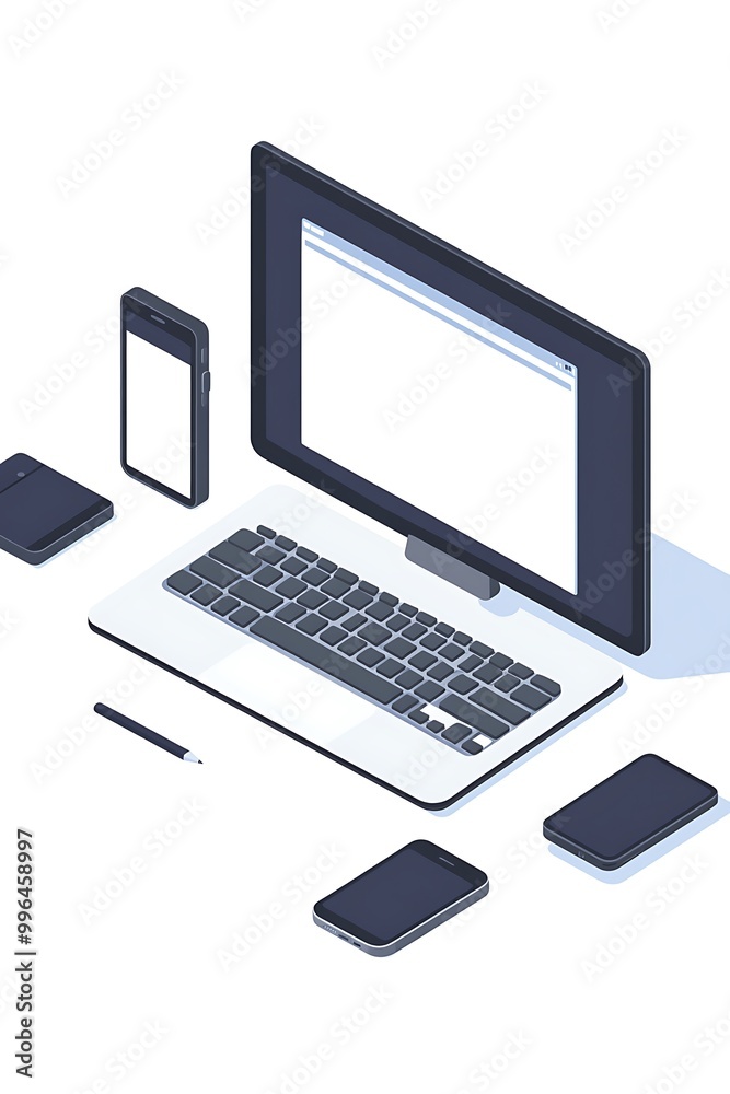 Laptop, tablet and smartphone mockup. 3d PC and mobile phone in perspective side, blank website on isometric empty screen, monitor isolated electronic Laptop, tablet and smartphone mockup. 3d PC and mobile phone in perspective side, blank website on isometric empty screen, monitor isolated electronic