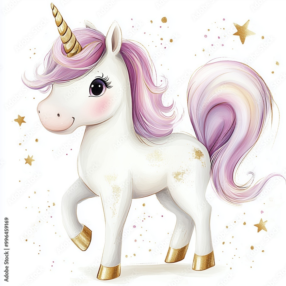 Fototapeta premium Cute white unicorn with a golden horn and pastel mane surrounded by sparkles