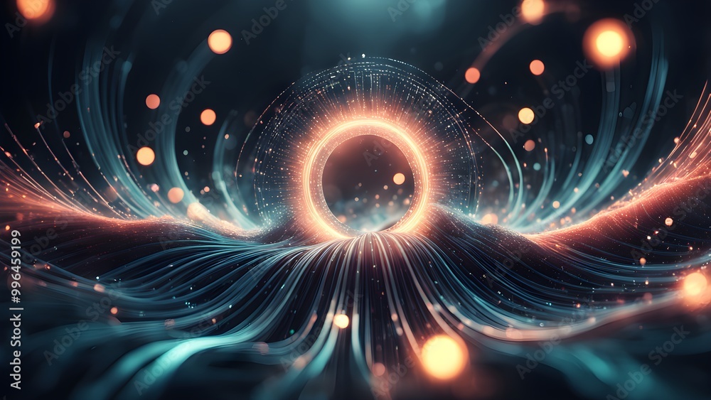 Abstract glowing ring with light streaks, particles, and bokeh effect on a dark background. Abstract glowing ring with light streaks, particles, and bokeh effect on a dark background.