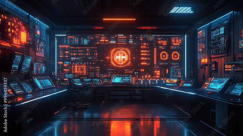 Futuristic control room with glowing screens and advanced technology. Futuristic control room with glowing screens and advanced technology.