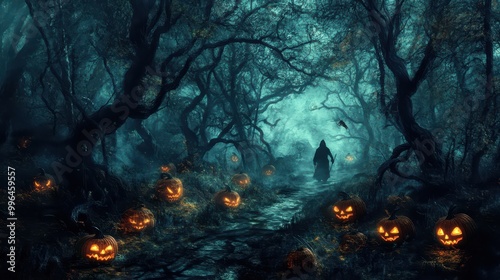 Enchanted Halloween Forest with Glowing Pumpkins and Mysterious Figure in Misty Atmosphere