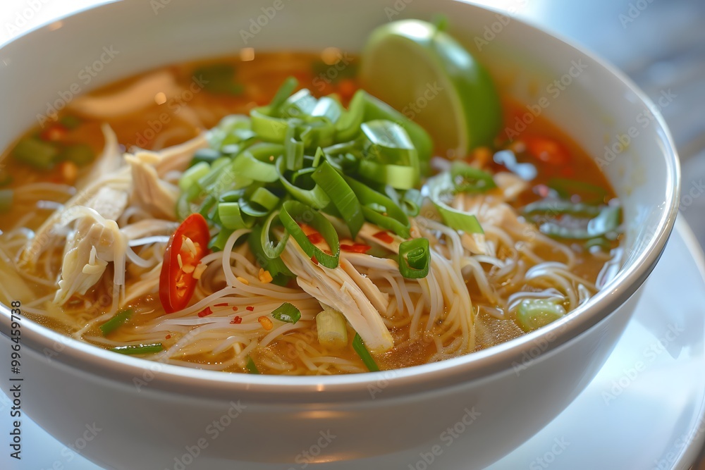 Delicious Chicken Noodle Soup with Rice Noodles, Lime, and Chili Pepper Delicious Chicken Noodle Soup with Rice Noodles, Lime, and Chili Pepper