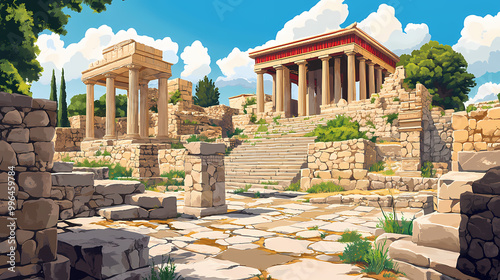 Ancient minoan ruins of knossos with stone structures and columns. Minoan Civilization. Illustration photo