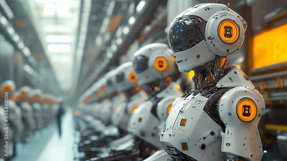 Row of futuristic robots in a factory setting, representing automation and technological advancement. Row of futuristic robots in a factory setting, representing automation and technological advancement.