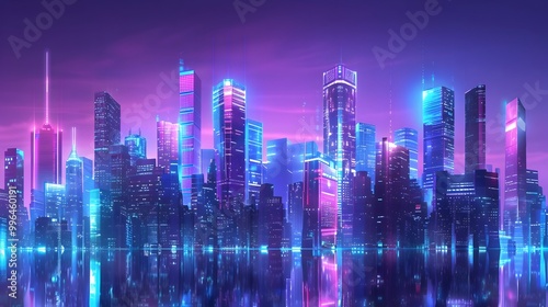 Mesmerizing Futuristic Bioluminescent Cityscape at Night with Glowing Skyscrapers