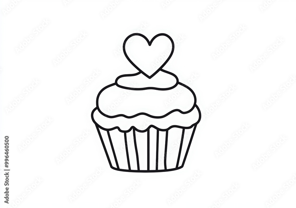 One line drawing of a cupcake with a heart shape on top, line art design for a birthday party banner or greeting card template. One line drawing of a cupcake with a heart shape on top, line art design for a birthday party banner or greeting card template.