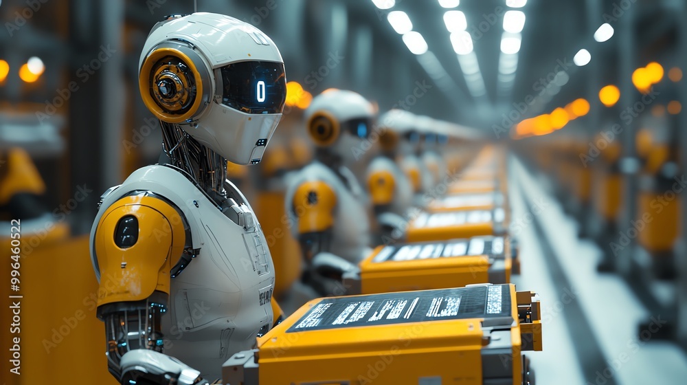 Robots in a fully automated factory handling logistics, materials, and production, efficiency in Industry 40 Robots in a fully automated factory handling logistics, materials, and production, efficiency in Industry 40