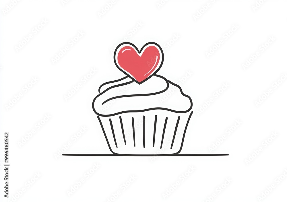 One line drawing of a cupcake with a heart shape on top, line art design for a birthday party banner or greeting card template. One line drawing of a cupcake with a heart shape on top, line art design for a birthday party banner or greeting card template.
