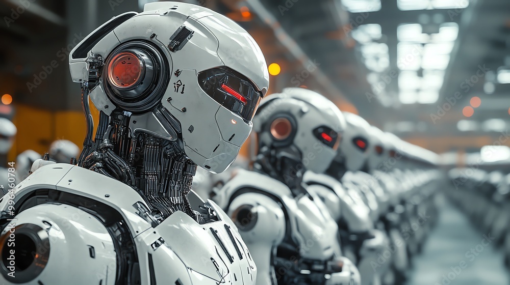 A line of futuristic robots stands in a factory setting, showcasing advanced technology and automation. A line of futuristic robots stands in a factory setting, showcasing advanced technology and automation.