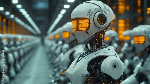 A line of white humanoid robots stand in a futuristic factory setting.