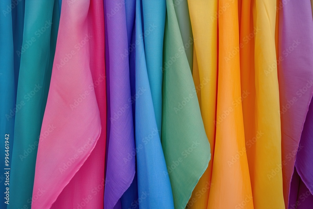 A row of colorful fabric pieces, each with a different hue A row of colorful fabric pieces, each with a different hue