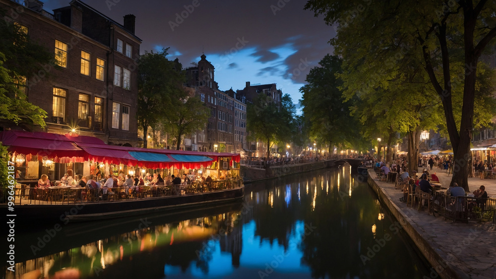 Fototapeta premium Scenic canal-side cafes with lit terraces during a serene twilight evening, showcasing vibrant umbrellas.