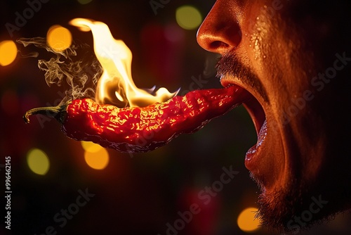 Man breathing fire after eaten hot and spicy Carolina Reaper chili peppers. Generative Ai photo