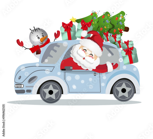 happy new year car with santa claus and snowman, christmas presents, green tree, festive, celebrateMobile