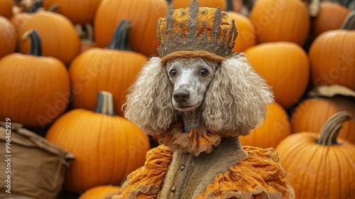 A dignified Poodle in a noble, royal hound's costume guarding a castle made of pumpkins photo