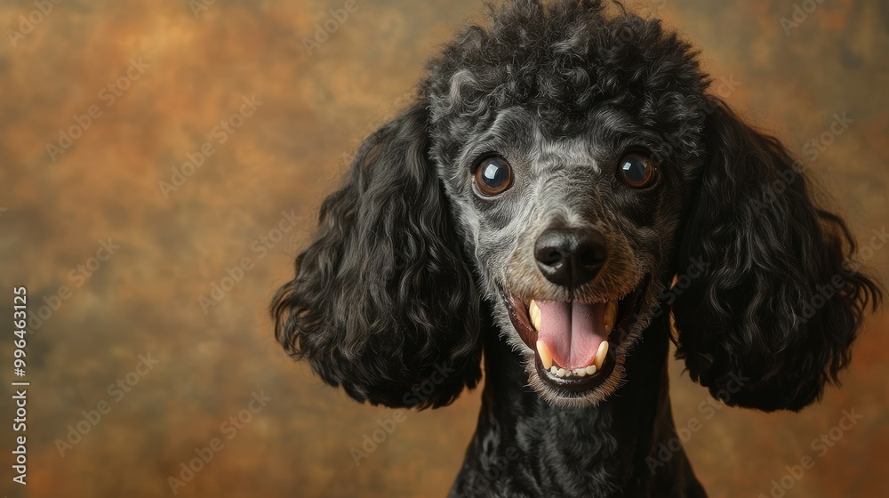 Affectionate Standard Poodle happy head portrait on a brown background in the studio Affectionate Standard Poodle happy head portrait on a brown background in the studio
