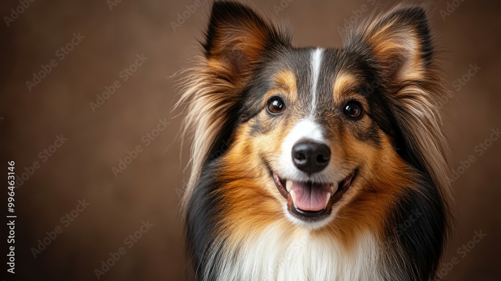 Friendly Shetland Sheepdog happy head portrait on a brown background in the studio Friendly Shetland Sheepdog happy head portrait on a brown background in the studio
