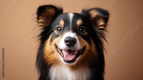 Friendly Shetland Sheepdog happy head portrait on a brown background in the studio