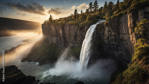 Stunning waterfall cascading off a cliff at sunrise with mist rising, surrounded by lush greenery.