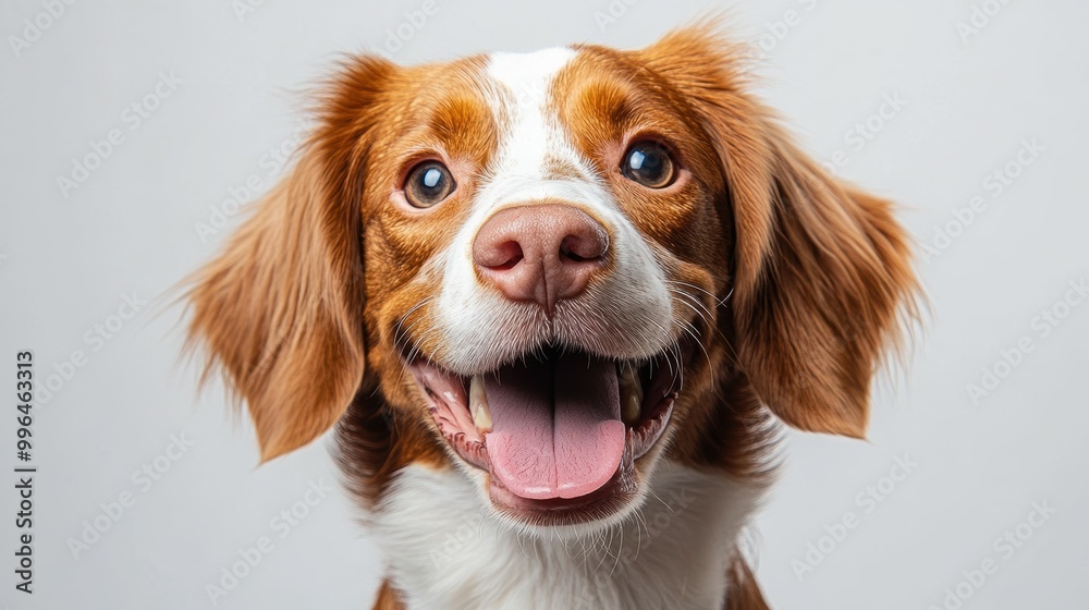 Cheerful Brittany Spaniel happy head portrait on a white background in the studio Cheerful Brittany Spaniel happy head portrait on a white background in the studio