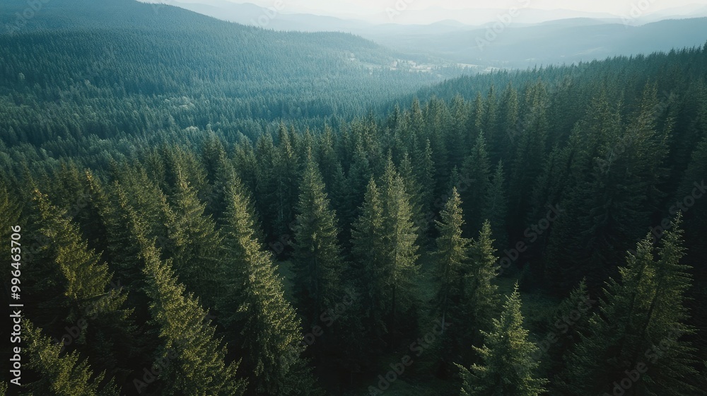 Fototapeta premium Aerial shot of a mountainous forest landscape, with tall trees and clear skies, leaving room for copy.