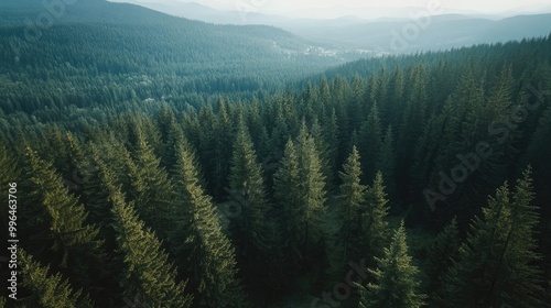 Aerial shot of a mountainous forest landscape, with tall trees and clear skies, leaving room for copy.
