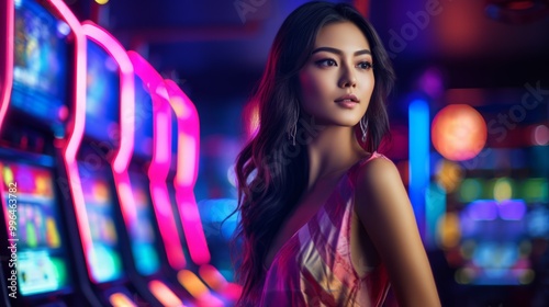 Beautiful Asian Woman Posing In Prestige Casino. Neural network ai generated art