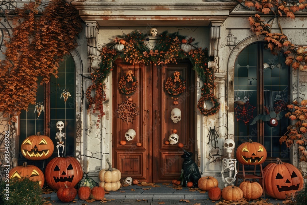 Obraz premium Halloween front door with pumpkins skeletons and decorations.