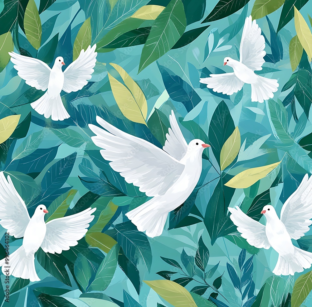 Seamless pattern featuring white doves Seamless pattern featuring white doves