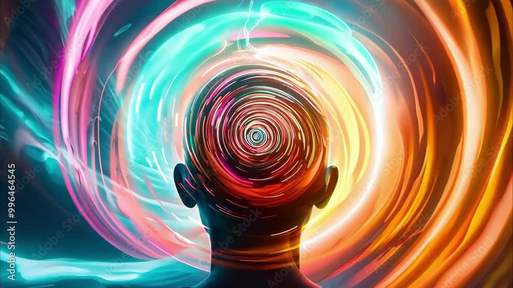 A vibrant portrayal of a person's head with swirling colorful patterns, symbolizing creativity or deep thought.