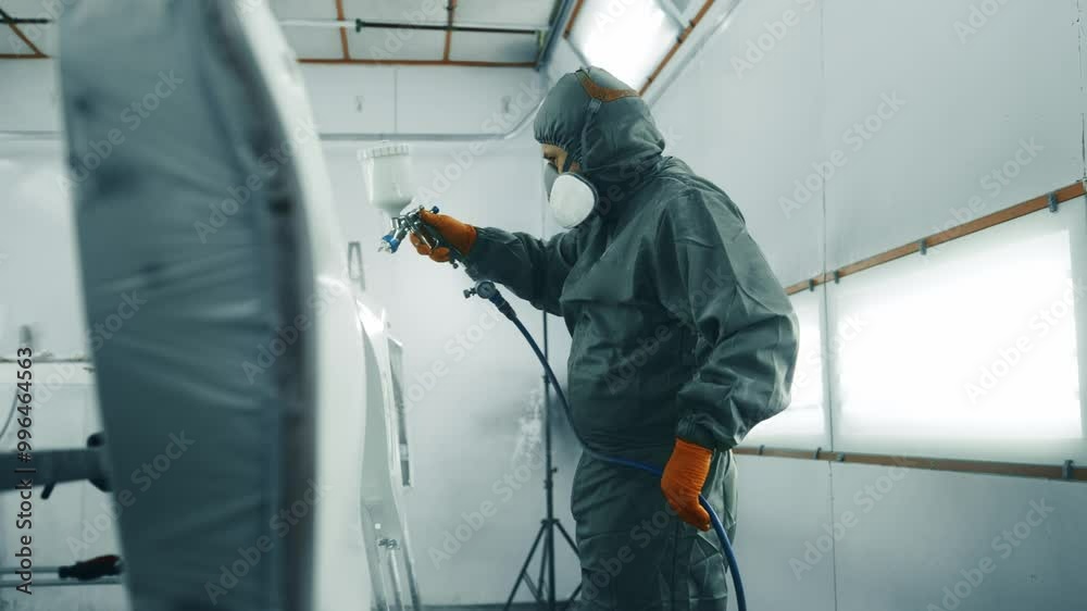 An industrial worker applies paint in a spray booth wearing protective gear An industrial worker applies paint in a spray booth wearing protective gear