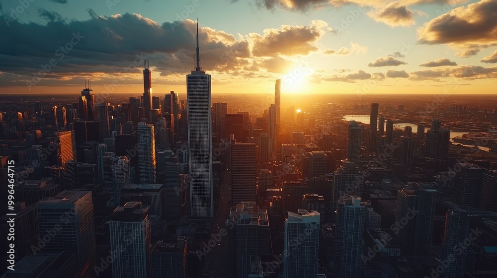 Fototapeta premium Aerial view of a city skyline at sunset with high-rise buildings, leaving space for copy in the sky.
