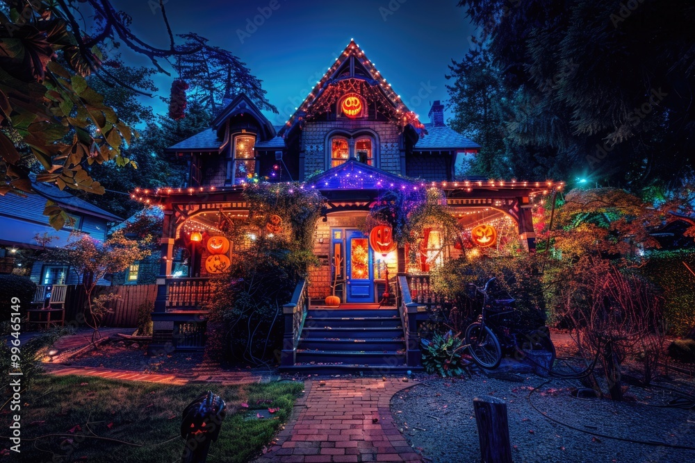Fototapeta premium California house decorated with Halloween lights on Halloween night.