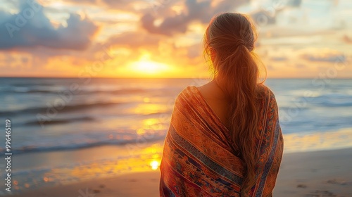 On a crisp evening, a young woman gazes at a sunset on the beach with a shawl on her shoulders photo