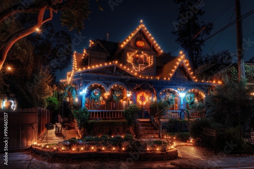 California house decorated with Halloween lights on Halloween night.