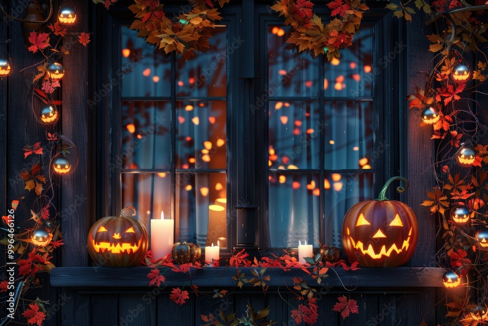 Obraz premium Festive Halloween decorations in house window with pumpkins and candles.
