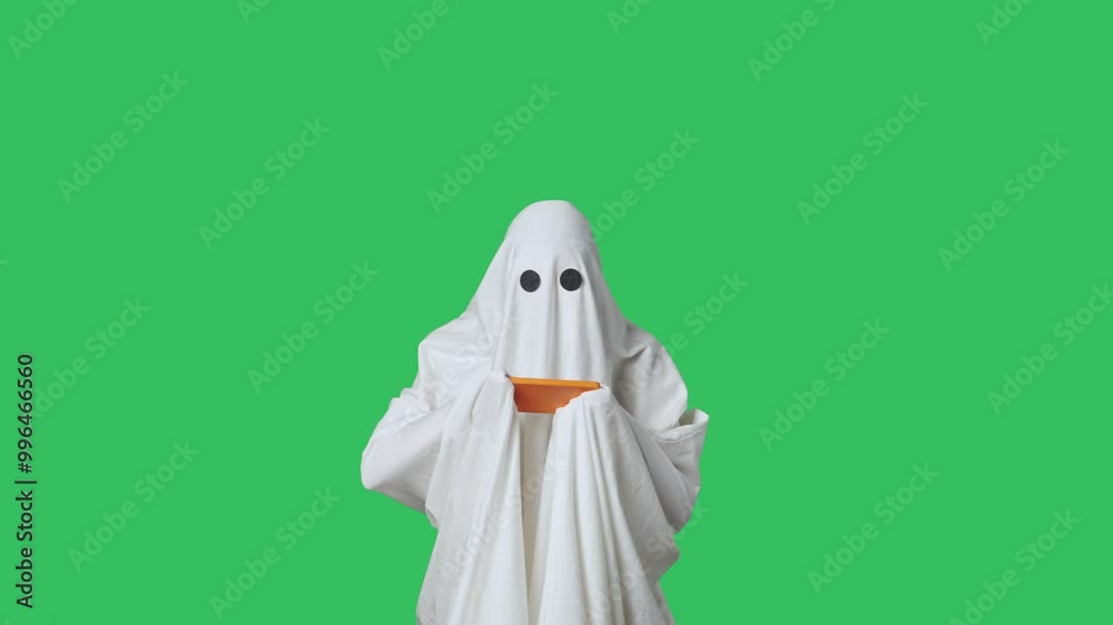 Funny halloween ghost in white sheet plays video game on smartphone, lost sad expression, isolated on chroma key green screen. Happy halloween spooky concept. Funny halloween ghost in white sheet plays video game on smartphone, lost sad expression, isolated on chroma key green screen. Happy halloween spooky concept.